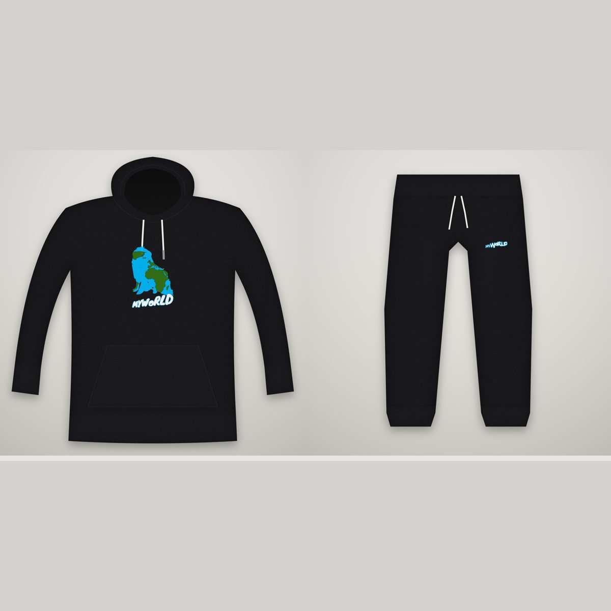 The One-of-One Sweatsuit Set mockup in the MYWoRLD house style