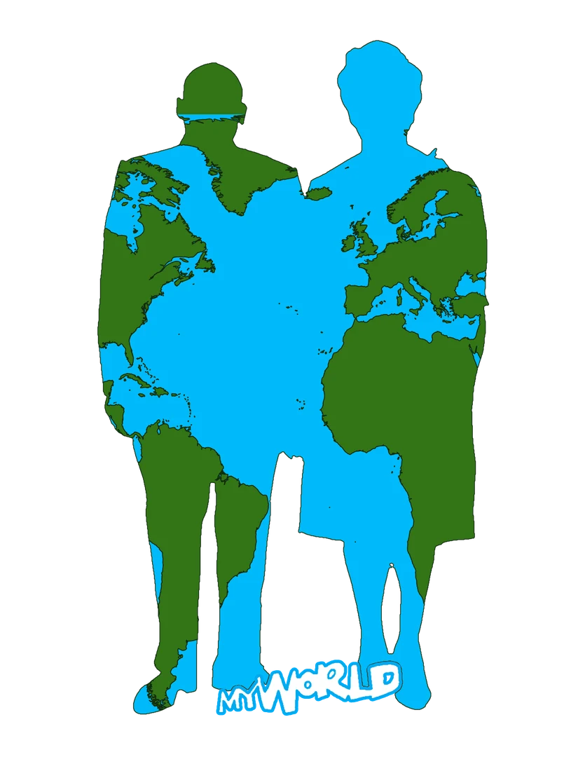 Piece #001: two silhouettes side by side, filled with the world map