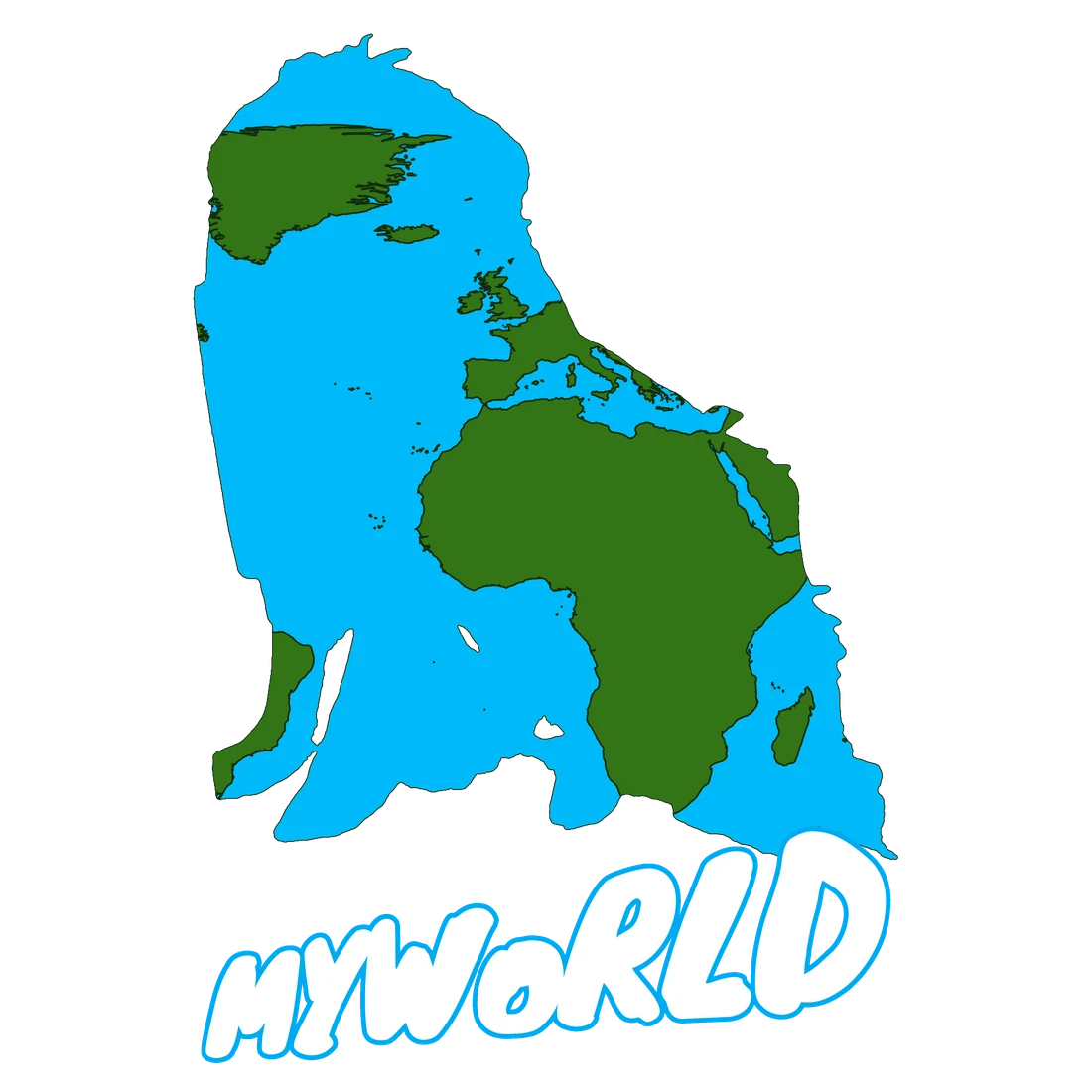 Miracle the Leonberger's seated silhouette filled with the world map, MYWoRLD beneath