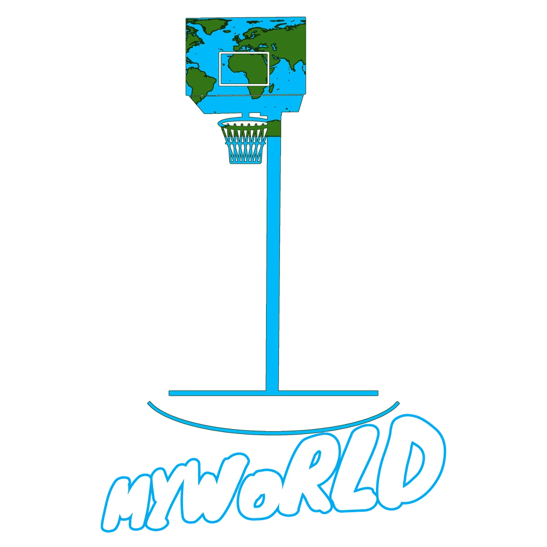 A lone basketball hoop silhouette filled with the world map, MYWoRLD beneath
